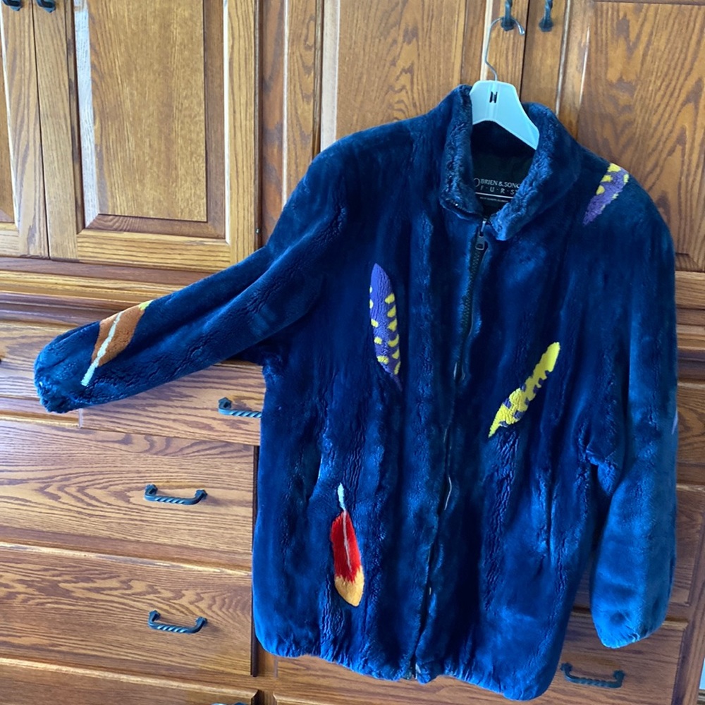 Navy with feather design sheared beaver coat size 10-12 women